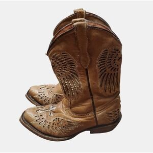 Innovation Angel Wings Cross Inlay Kid's Brown Leather Western Boots Size 18‎